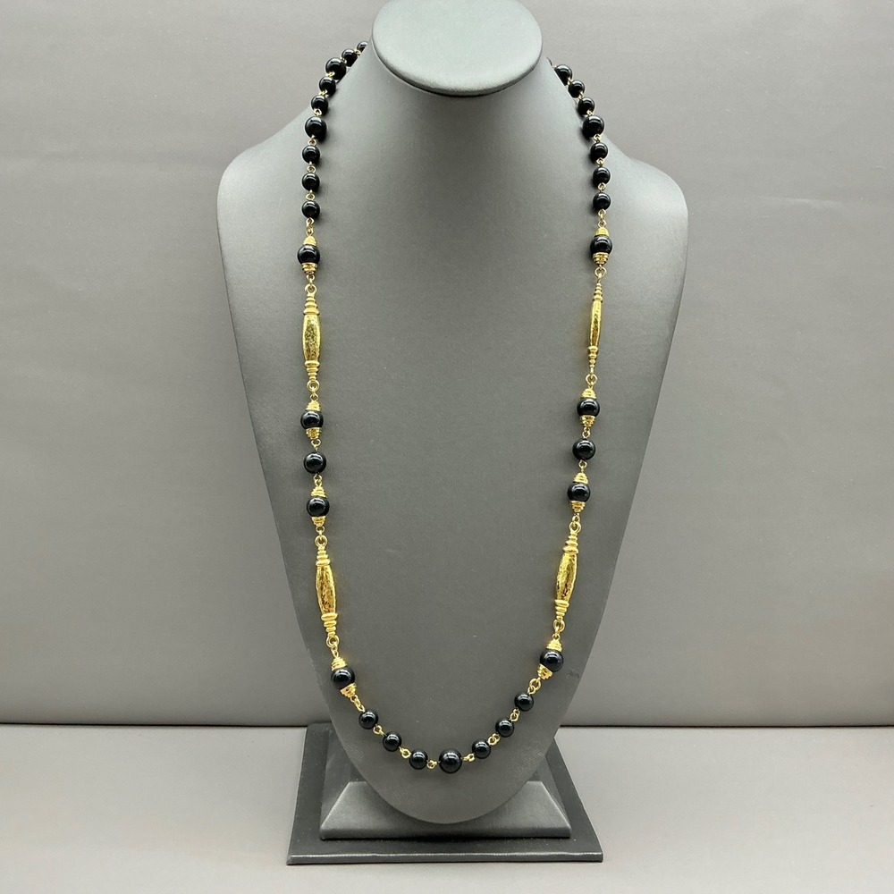 Monet Necklace Vintage Black Bead Gold Tone Textured Station Long Signed 30"